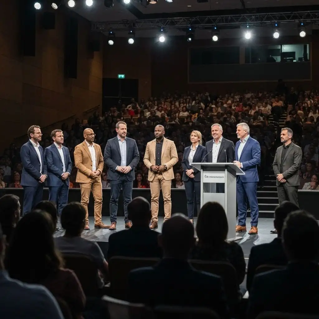 Conference speakers presenting to large audience