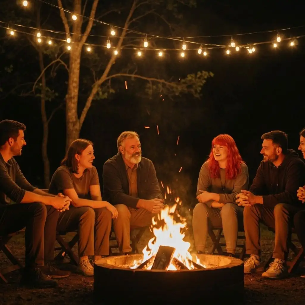 Team gathering around campfire