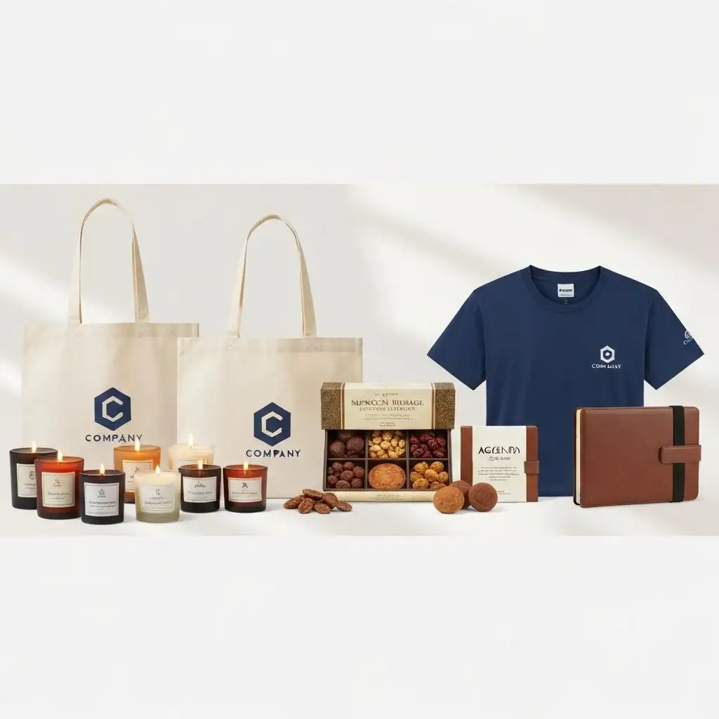 Corporate gifts including scented candles, branded tote bags, Moroccan heritage gourmet box, company t-shirt, and leather agenda